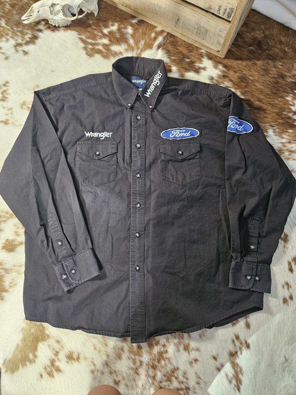 Wrangler Ford Logo Western Shirt Mens XL Black Pearl Snap Embroidered